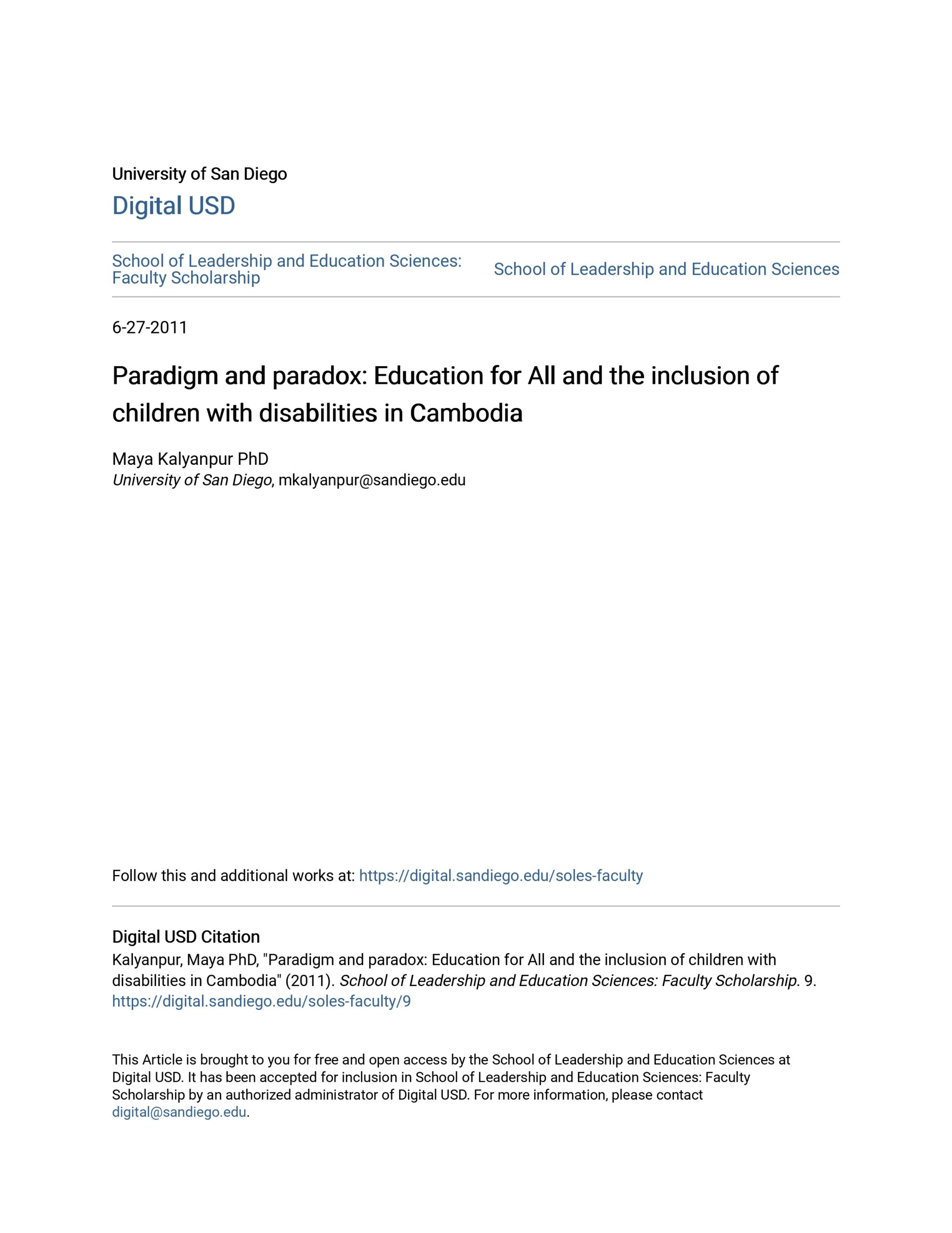 Paradigm and paradox: Education for All and the inclusion of children with disabilities in Cambodia