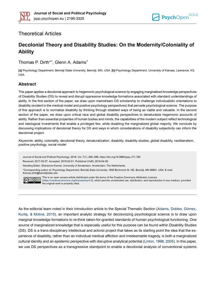 Decolonial Theory and Disability Studies: On the Modernity/Coloniality of Ability